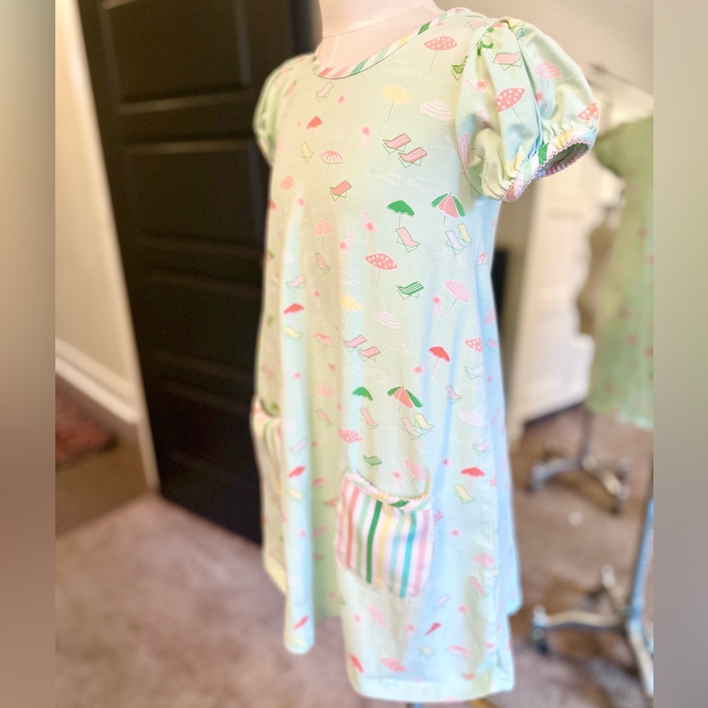 Serendipity Shrimp & Grits Mint Green Beach Print Dress with Pockets Girls L 7-8